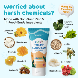 Beef Tallow Sunscreen for Kids with Zinc Oxide: Natural Non-Toxic SPF 50 Tallow Sunblock Cream - with Food-Grade Botanical Extracts - Kids & Sensitive Skin Safe, Water-Resistant - 3.4 FL OZ